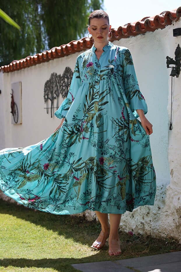 Light Turquoise Judge Collar Ruffle Sleeve Button Skirt Ruffle Allover Printed Woven Dress 130 58