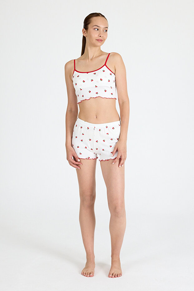 طقم شورت رياضي منقوش باللون الأبيض الكرزي 3403 - 2