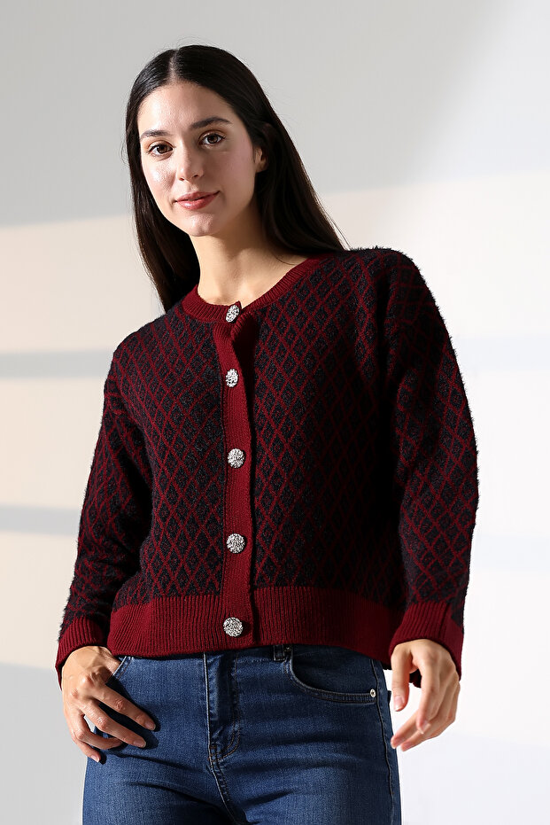 Round Neck Long Sleeve Buttoned Diamond Jacquard Patterned Furry Soft Textured Knitwear Cardigan