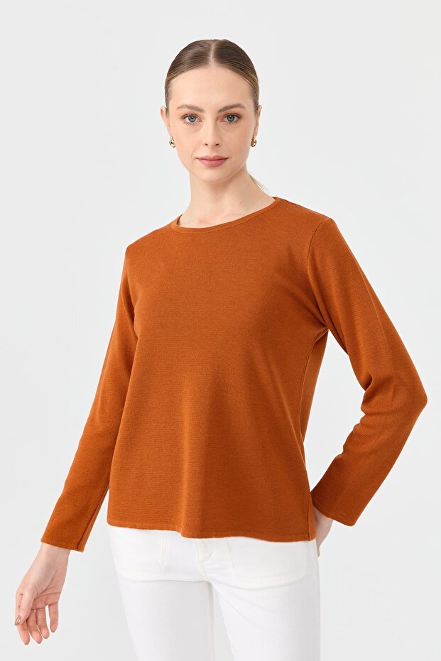 Kadın Sıfır Yaka Uzun Kollu Basic Yün Bluz A.Kiremit - 1