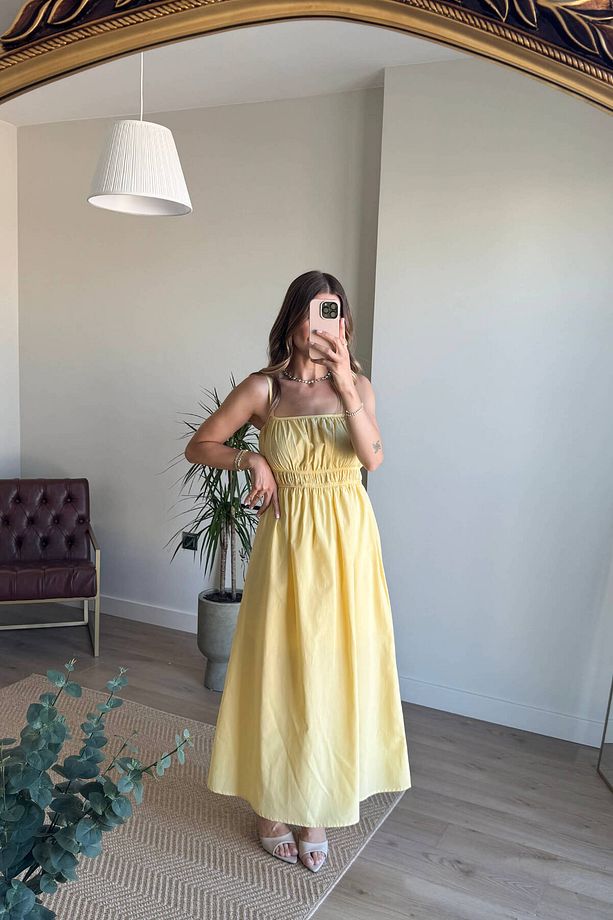 Sarı Askılı Önü Gipeli Elbise - 4