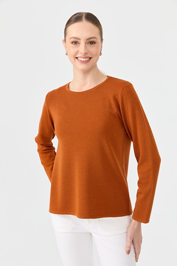 Kadın Sıfır Yaka Uzun Kollu Basic Yün Bluz A.Kiremit - 3