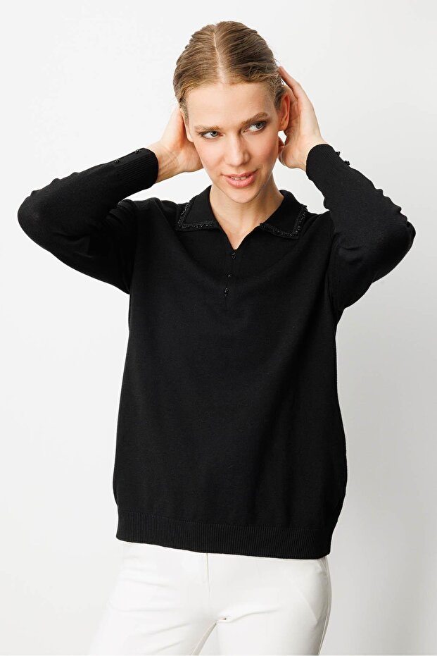 Women's Polo Neck Embroidery Embroidered Ligral Blouse Black