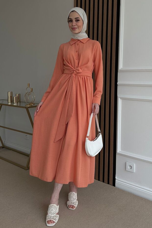 Düğmeli Keten Elbise - 3