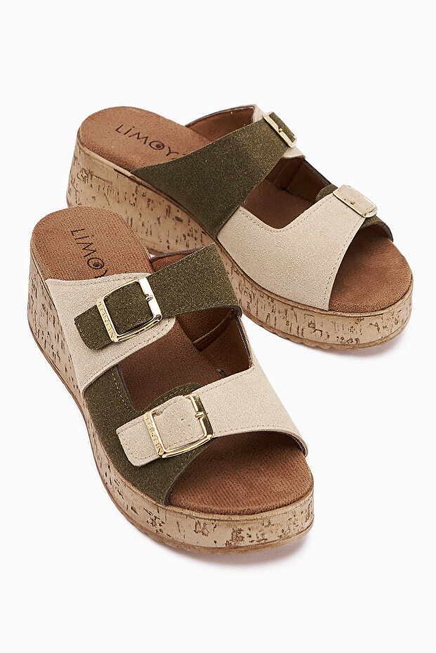Samina Khaki Double Striped Wedge Heeled Women's Slippers