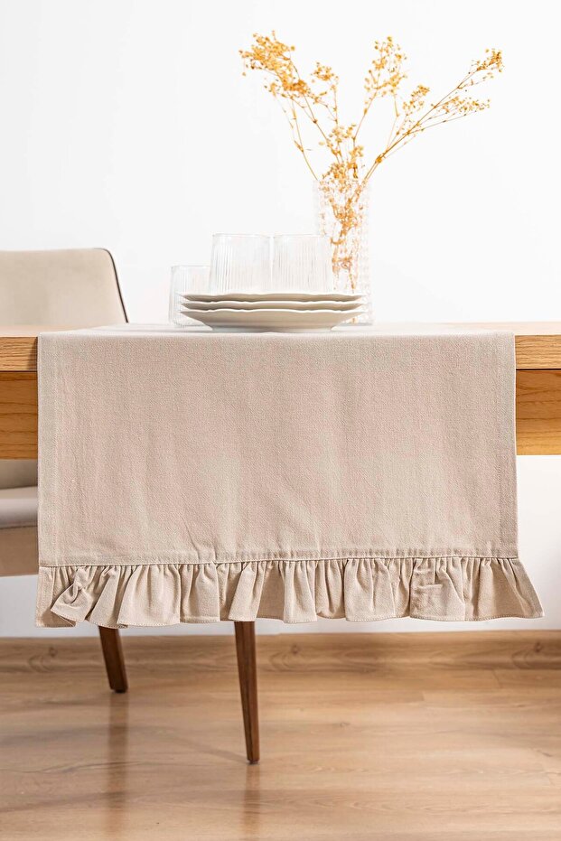 Ruffle Beige Frilly 100% Cotton Raw Linen Runner 50X130 cm