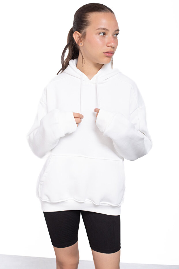 Ekru Kanguru Cepli Basic Şardonlu Kız Çocuk Kapüşonlu Sweatshirt 21210 - 3