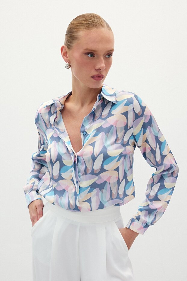 قميص طويل منقوش - أزرق - 3