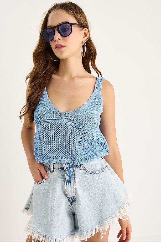 Kadın Ajurlu Askılı Crop Triko Bluz 20251031 - 3