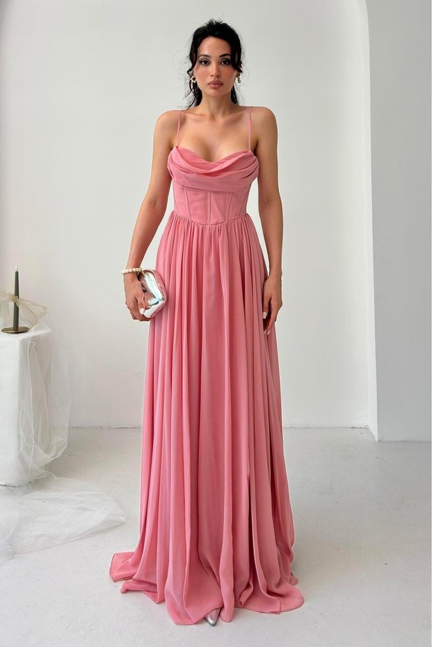 Powder Rope Strap Slit Chiffon Tulle Evening Dress