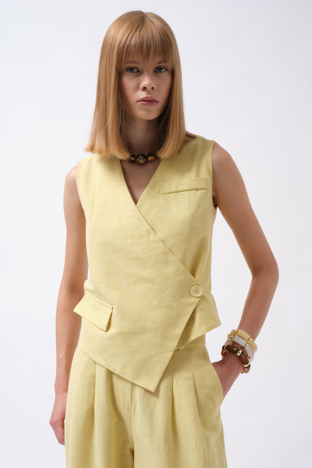 Side Button Asymmetrical Linen Yellow Vest