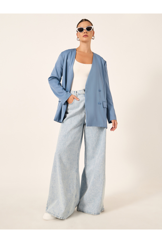 سترة عادية سادة ذات قصة عادية وطول عادي وصدر مزدوج - 1