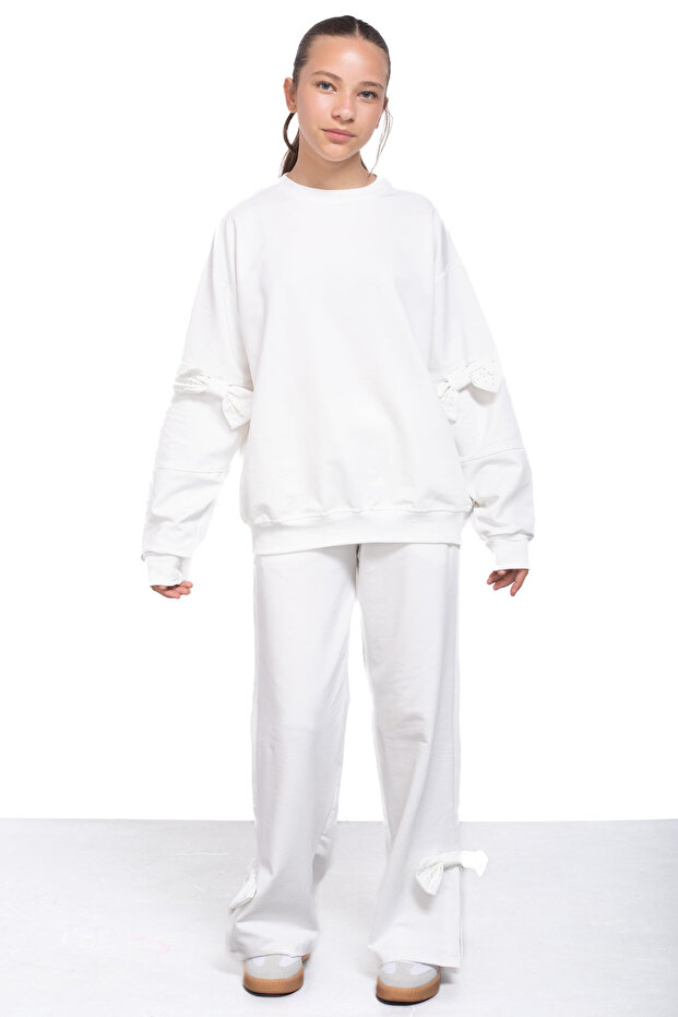 Ecru Slit Leg Bow Detailed Girl's 2-Piece Tracksuit Set 21213
