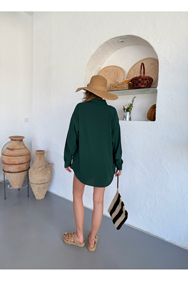 Жіноча сорочка oversize з темно-зеленого льону Ayrobin - 4
