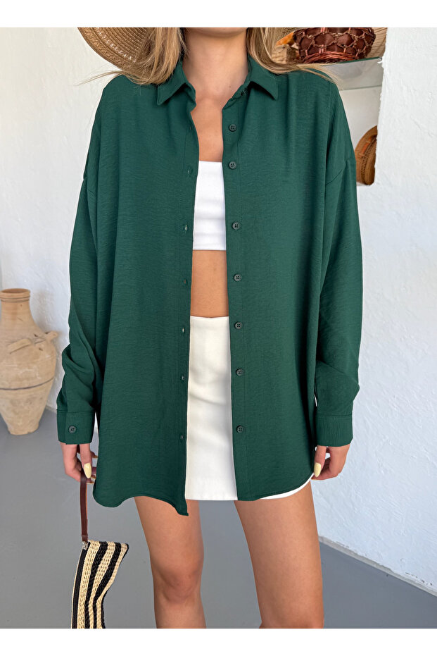 Жіноча сорочка oversize з темно-зеленого льону Ayrobin - 6