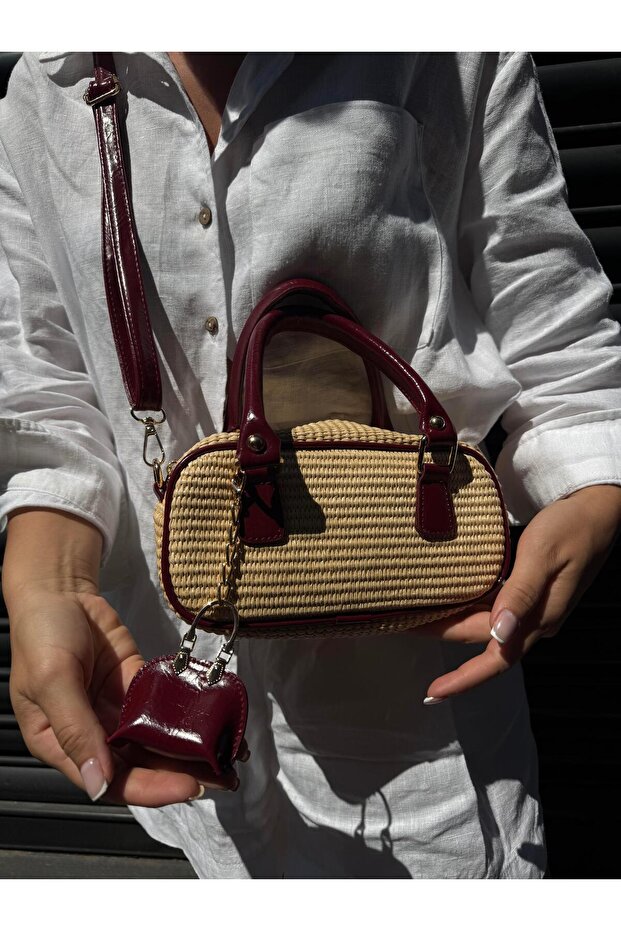 Straw Bag with Bag Accessories Claret Red