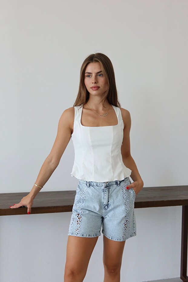 İşlemeli Kot Şort - 4