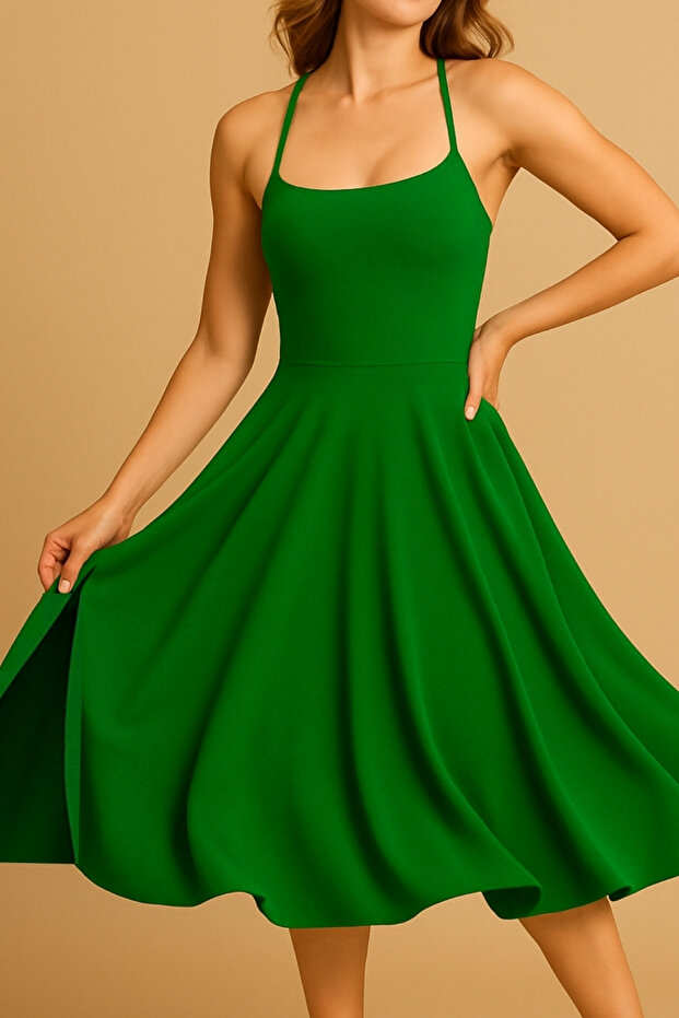 Daire Kesim Çift Yırtmaçlı Çapraz Askılı Midi Tango Elbisesi, Dans Elbisesi - 2