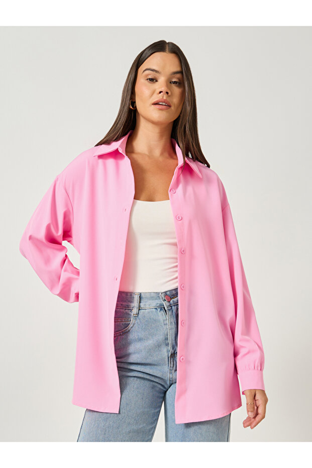 Solid Button Front Long Sleeve Shirt - 1