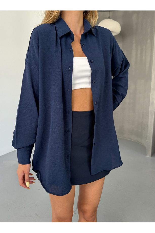 Kadın Lacivert Oversize Keten Ayrobin Gömlek - 4