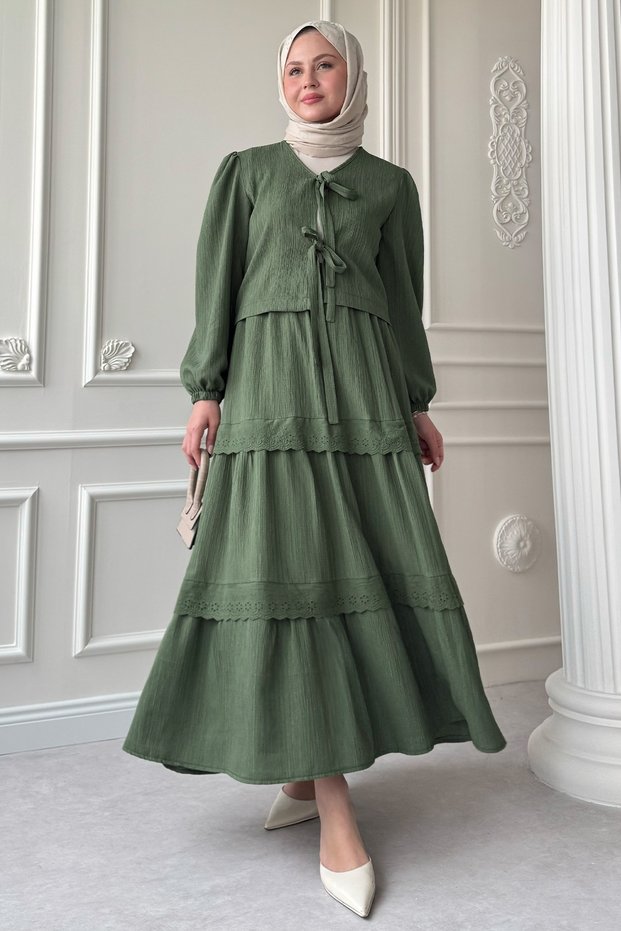 Crepe Mint Green Suit with Ribbon Lace Detail Skirt
