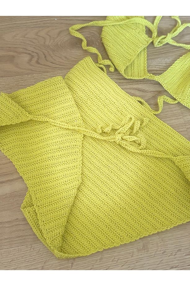 El Yapımı Gold Sarı Örgü Bikini Takımı + Bandana Hediyeli – M/L - 9