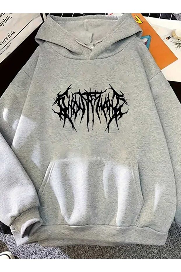 سويت شيرت Ghostemane مطبوع من القطن باللون الرمادي مع جيوب كف