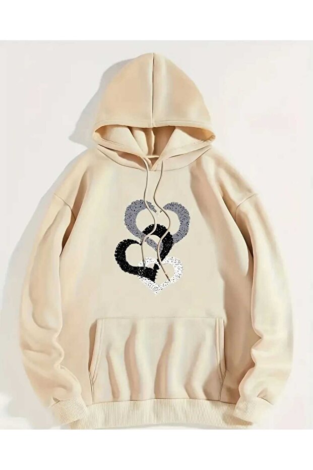 Beige Sweatshirt with Three Heart Printed Hooded Pocket and Wool Inside