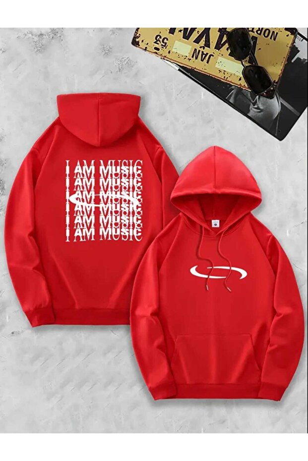 I Am Music Back Printed Hooded Pocket Cotton Red Sweatshirt
