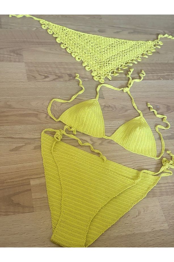 El Yapımı Gold Sarı Örgü Bikini Takımı + Bandana Hediyeli – M/L - 3