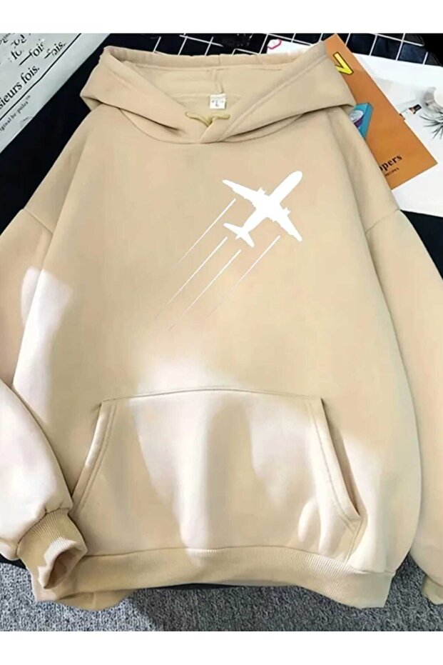 Airplane Printed Hooded Pocket Cotton Beige Sweatshirt