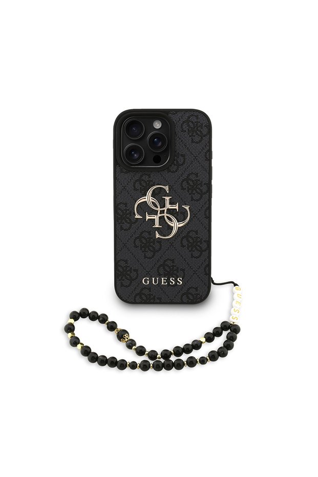 iPhone 16 Pro Compatible Case Licensed Wrist Strap Drawstring Metal 4g and Cover with Text Logo Black