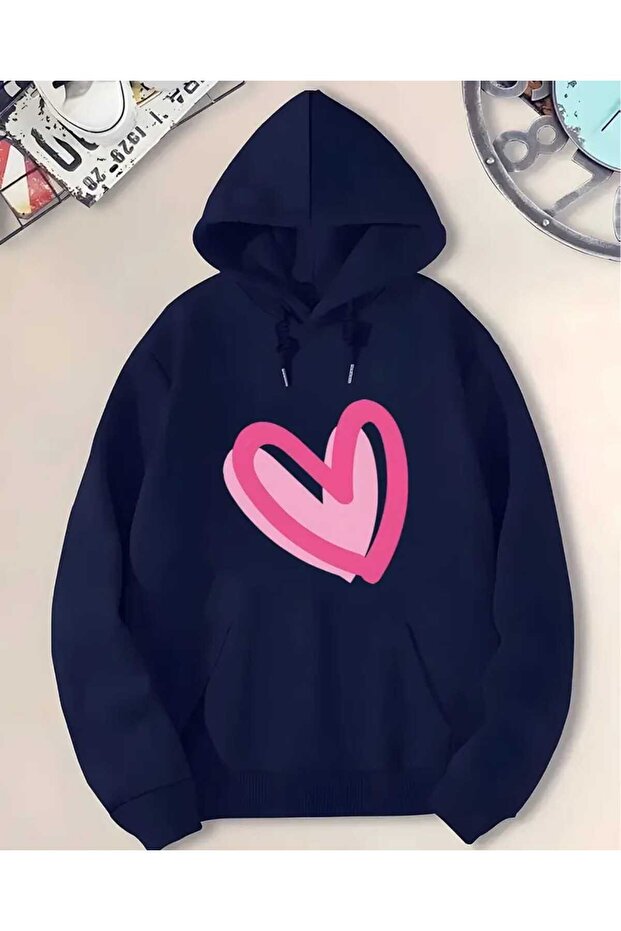 Heart Fuchsia Pink Printed Hooded Pocket Cotton Navy Blue Sweatshirt
