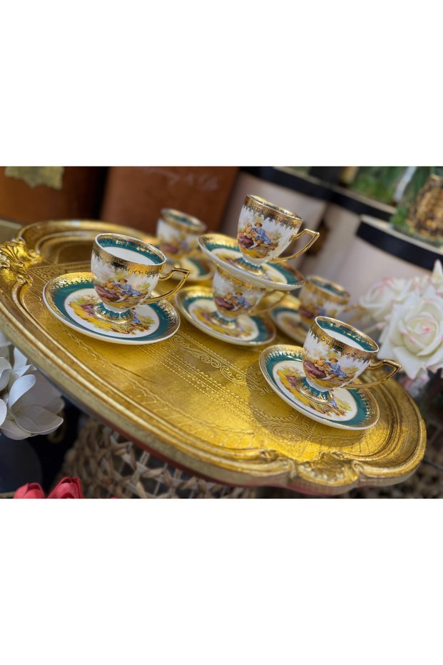 Esterhomedecor 6 Person Fragonard Porcelain Coffee Cup Set Green