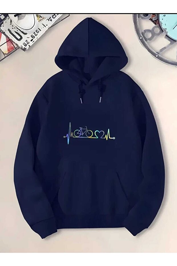 Cycling Heart Cadence Printed Hooded Pocket Cotton Navy Blue Sweatshirt