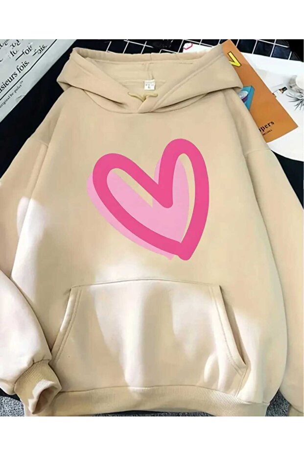 Heart Fuchsia Pink Printed Hooded Pocket Cotton Beige Sweatshirt