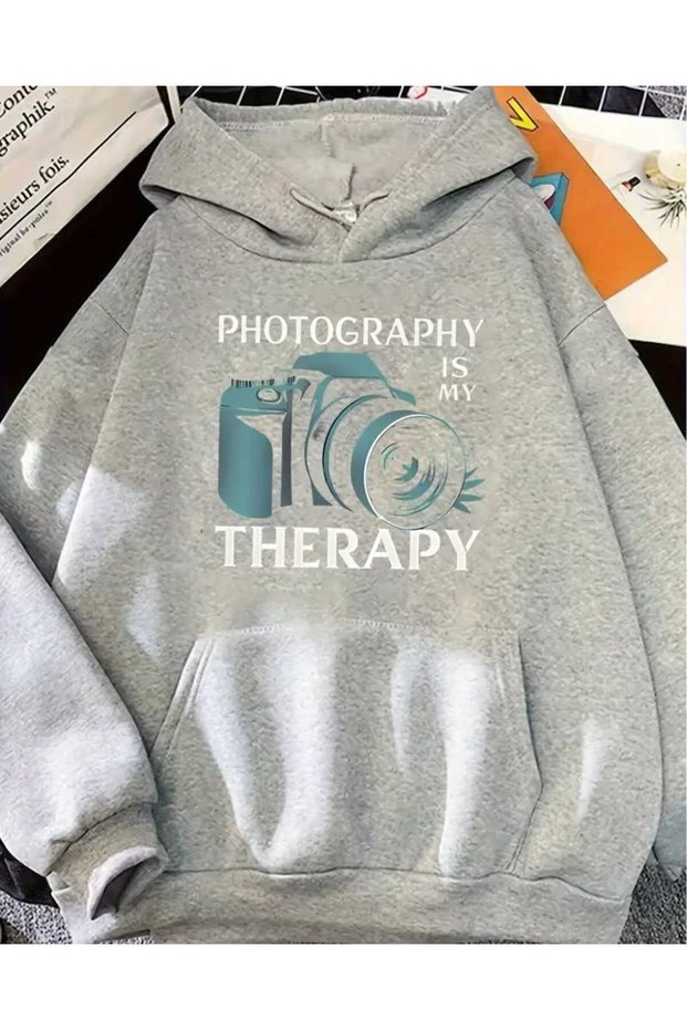 Photography Printed Hooded Pocket Cotton Gray Sweatshirt