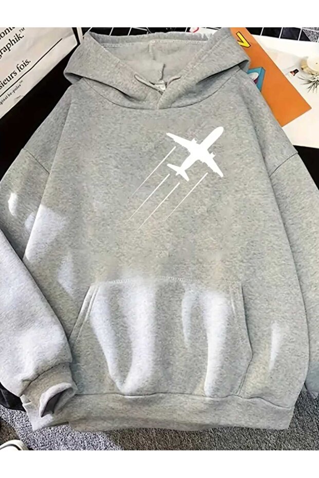 Airplane Printed Hooded Pocket Cotton Gray Sweatshirt