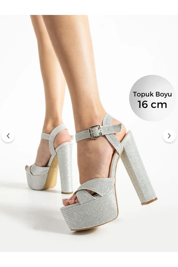 NET 16cm çok YÜKSEK, platformlu gümüş simli kumaş. Çok dengelidir. - 1