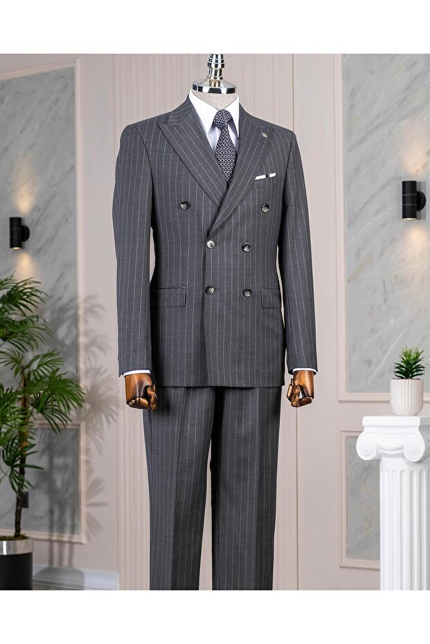 Italian Style Wool Blended K Double-Breasted Jacket Pants Suit Grey T14324