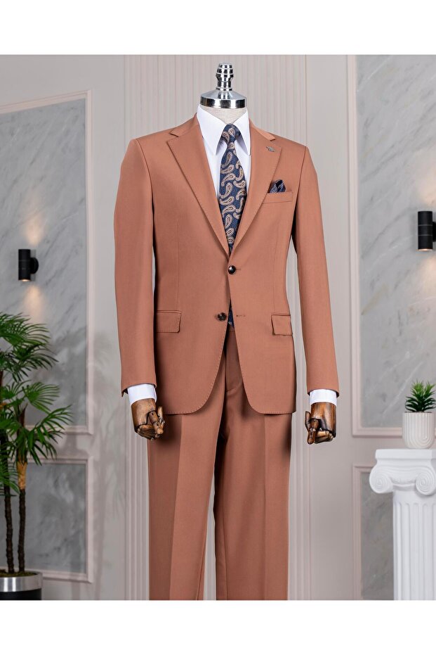 Italian Style Slim Fit Mono Lapel Jacket Pants Suit Brown T14236
