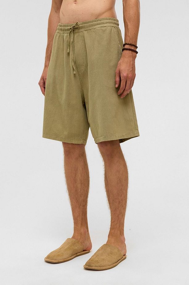 Oversize Keten Şort Haki - 3