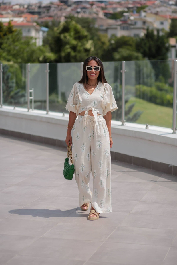 Stone Green Embroidery Print Detailed Linen Suit - 8013