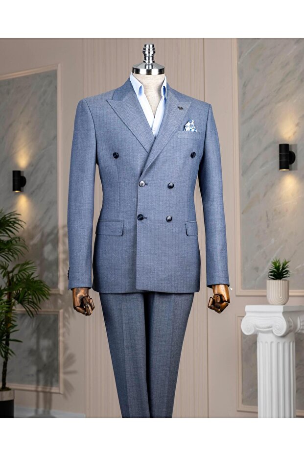 Italian Style Slim Fit Double Breasted Jacket Pants Suit Blue T14467