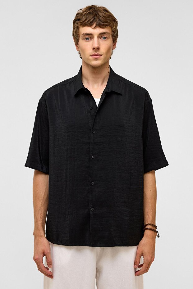Basic Oversize Kısa Kollu Modal Gömlek Siyah - 2