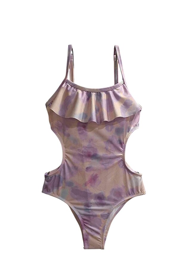 Girl's Tie-Dye Patterned Ruffle Side Cut Detailed Swimsuit