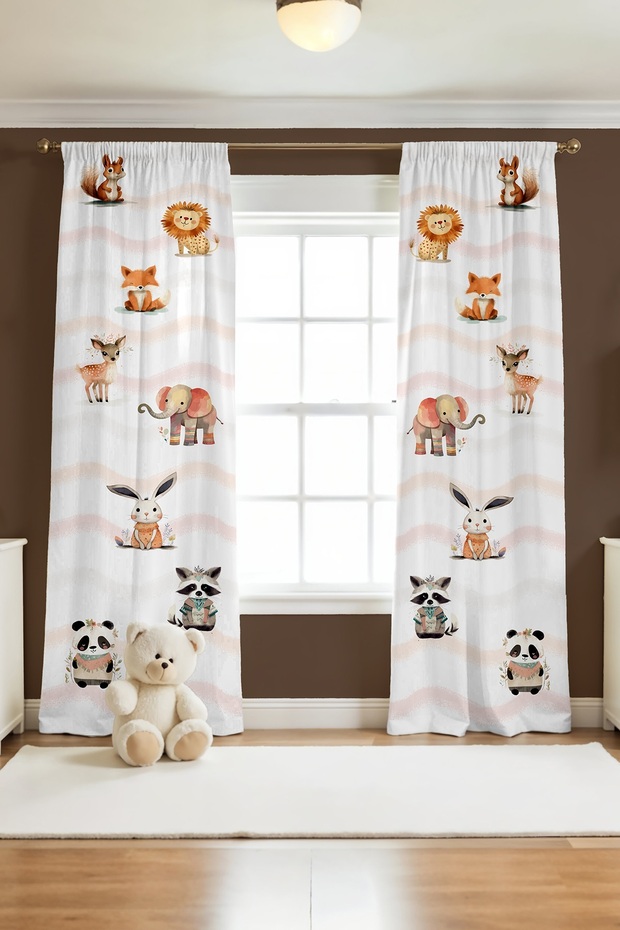 Cute Forest Animals Patterned Children's Baby Room Background Curtain (Single Wing Pricing)