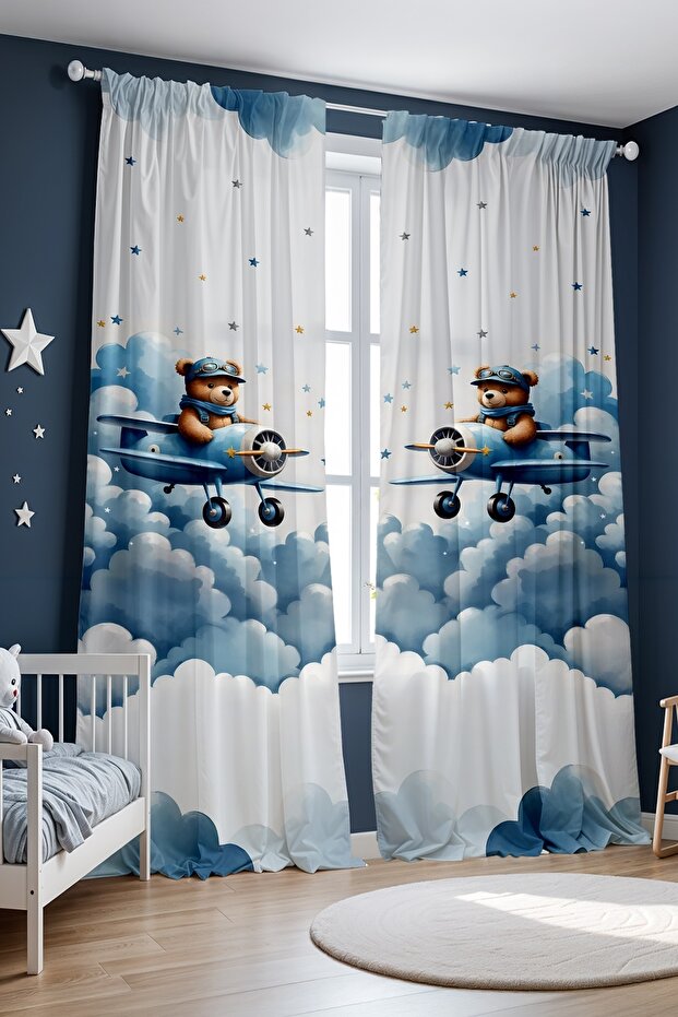 Blue Airplane Teddy Bear Patterned Children's Nursery Drapery Curtain (Single Panel Pricing)