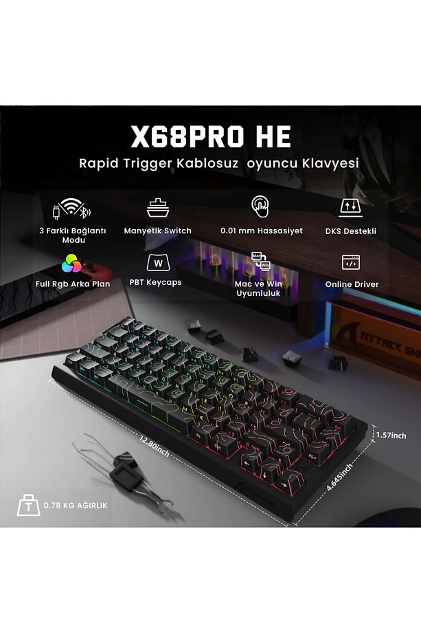 Attack Shark x68 HE Pro Wireless Manyetik Switch Klavye 8k Hz - 2