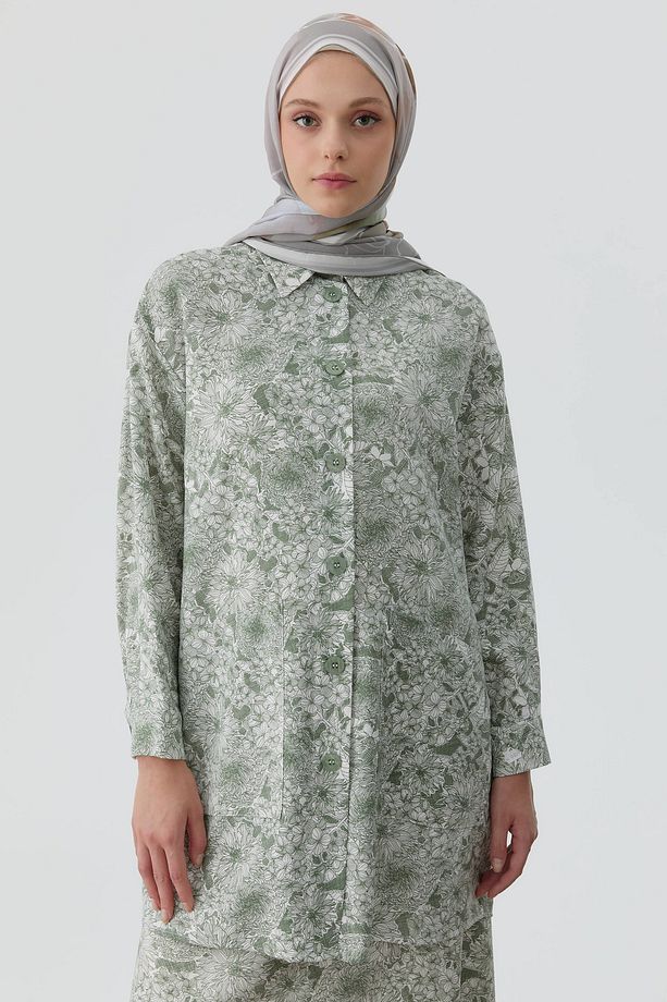 Multi Çiçek Desenli Aplike Cepli Tunik - Mint - 1